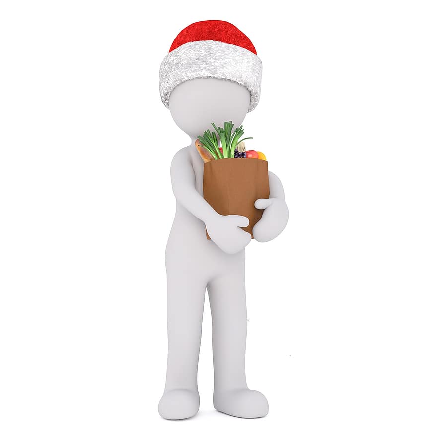 Boże Narodzenie, biały samiec, całe ciało, czapka Mikołaja, Model 3D, wegańskie, jeść, torba na zakupy, wózek sklepowy, odżywianie, Sałatka