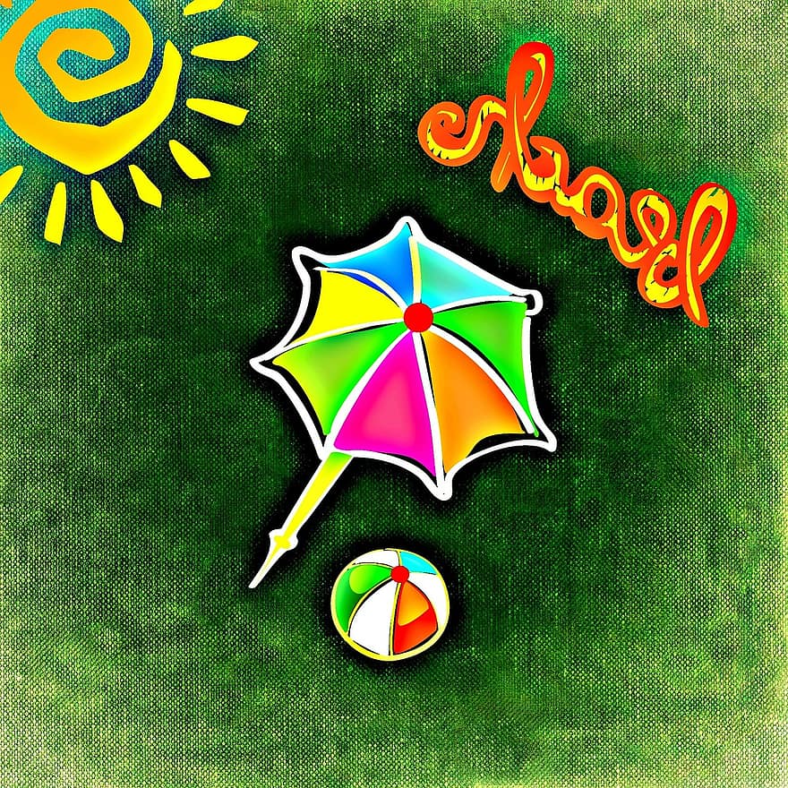 vasara, saulė, papludimys, skėčiai, kamuolys