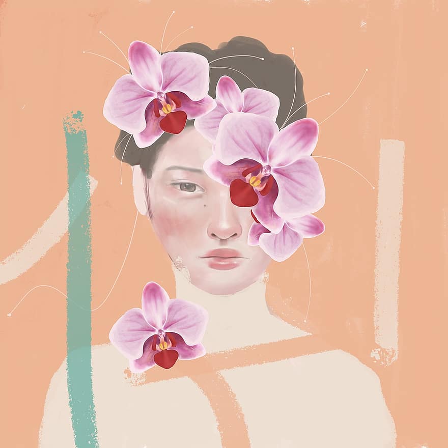 момиче, орхидея, цвете, жена, артистичен, портрет