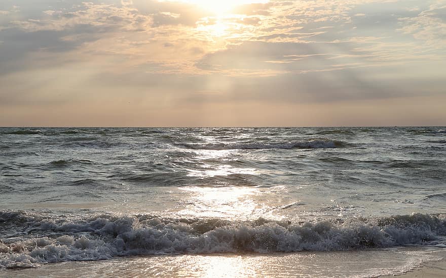mer, La mer d'Azov, lever du soleil, horizon, ciel, Contexte, paysage marin, vagues, s'écraser, océan, plage