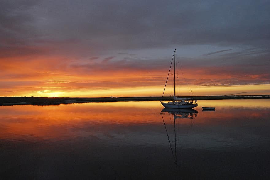 båt, skip, solnedgang, refleksjon, horisont, soloppgang