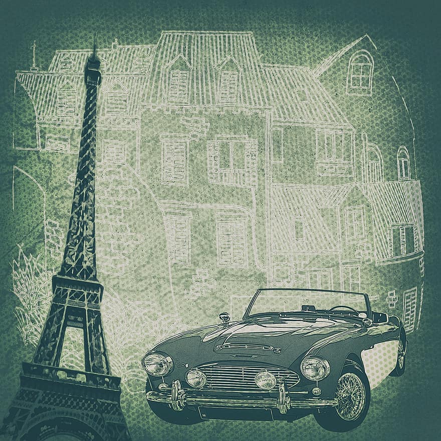 autó, képeslap, Párizs, háttér, poszter, vízfestmény, Eiffel-torony, szállítás, szárazföldi jármű, építészet, sportkocsi
