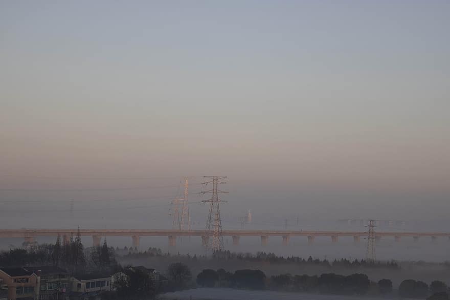 mlha, město, most, elektřina pylon