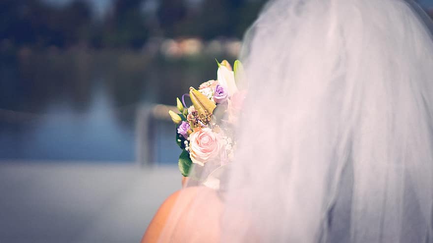 noiva, véu, flores, ramalhete, arranjo floral, Casamento, casamento, romance, romântico, casado
