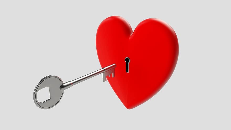 kulcs, szív, szeretet, szimbólum, szerető, romantikus, zár, piros, alak, tervezés, nyisd ki