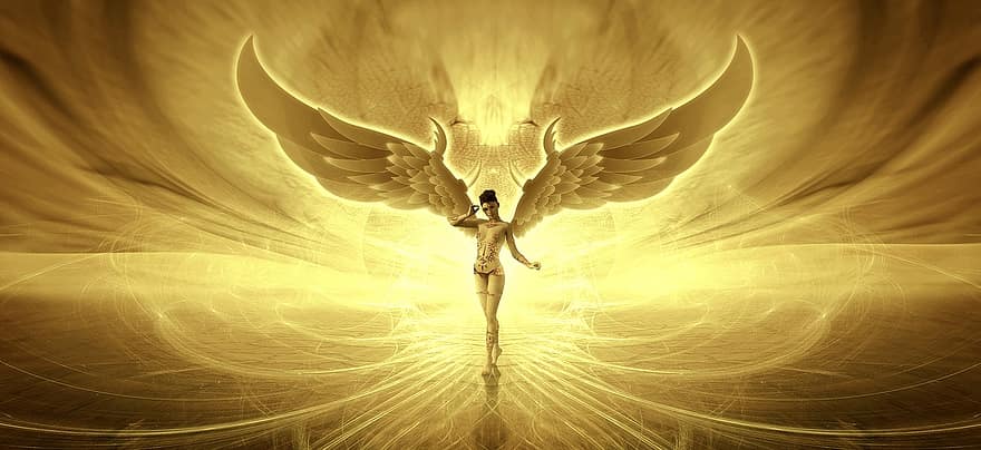 fantazie, anděl, zlatý, křídlo, světlo, peklo, ženský, postava, mystický, nálada, atmosféra