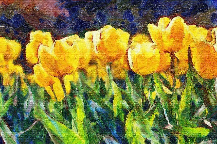 Malerei, Öl, Tulpen, Impressionismus, Blumen, Natur, Flora, Garten, wilde Blumen, wilde Flora, gelbe Blumen