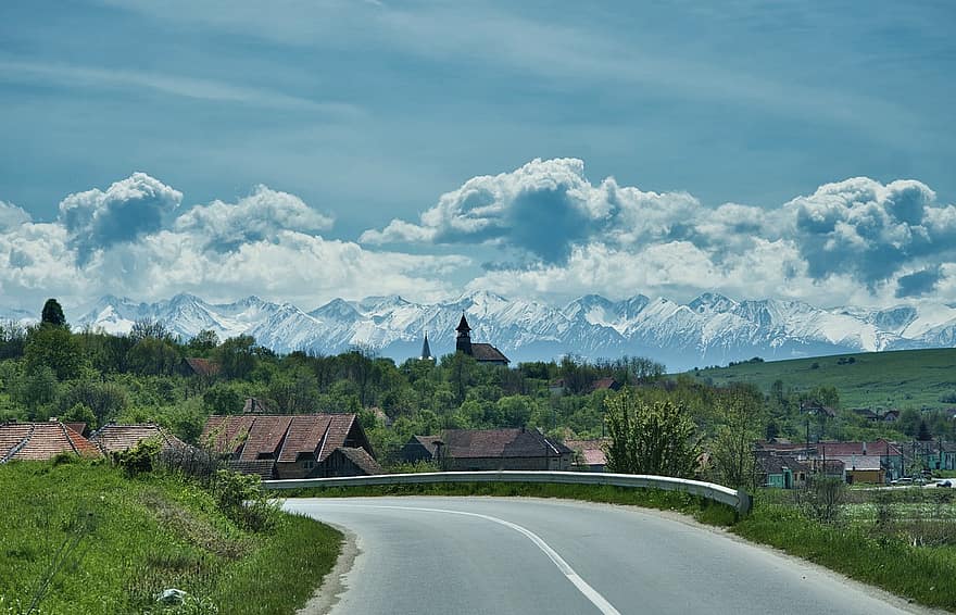 Clouds, Mountains, Town, Townscape, Village, Houses, Roofs, Street, Road, Curved Road, Alps