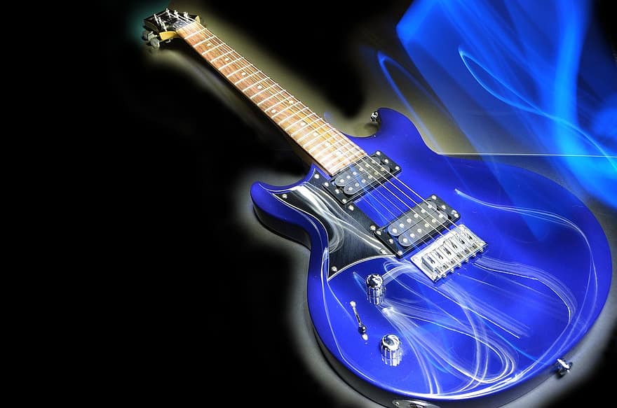 gitar, gitar elektrik, alat musik, instrumen, lukisan cahaya, musik rock, merapatkan, tali, instrumen dawai, biru, fretboard