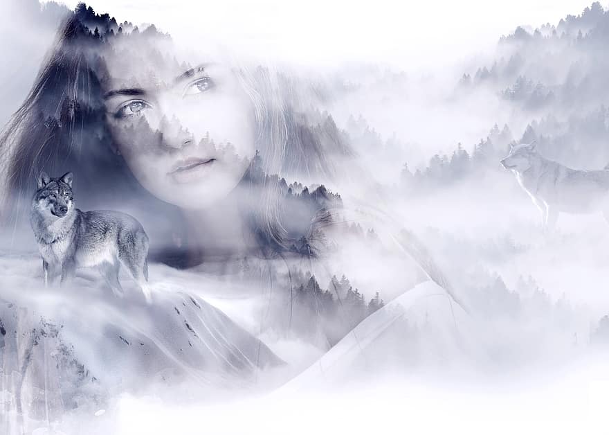 doppia esposizione, donna, foresta, nebbia, copertina del libro, natura, montagne, mannaro