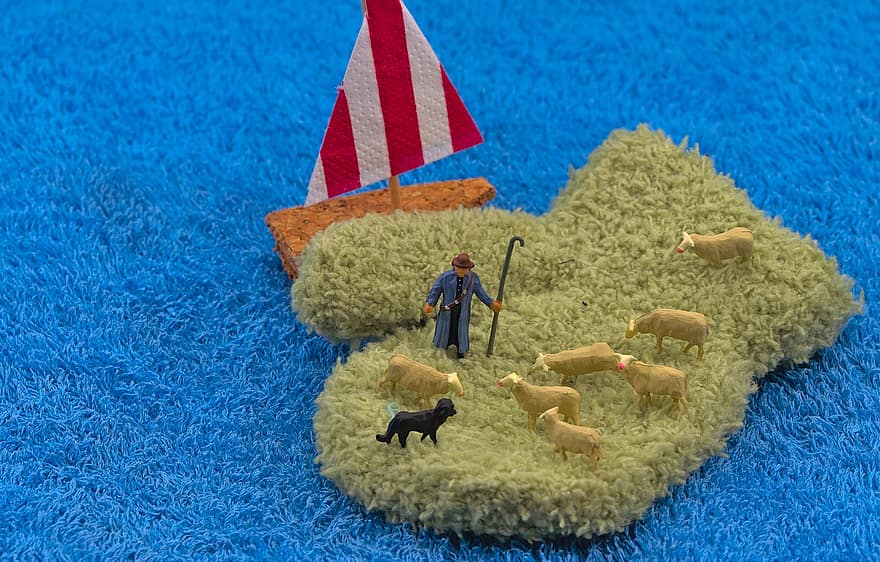 miniatyr figurer, miniatyr-, fåren, herde, tecken, segelbåt, ull-, hund, Wool Island, handske, Glove Island