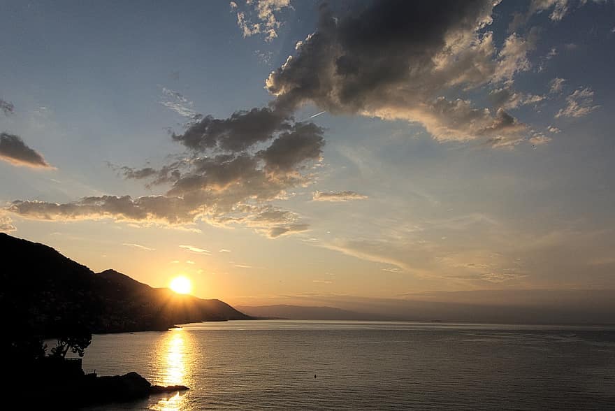 hav, shore, kyst, recco, camogli, genoa, Liguria, Italia, landskap, vann, solnedgang