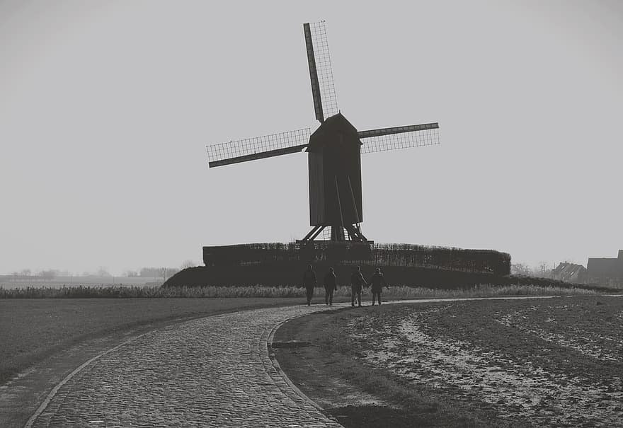 moinho de vento, facas, Países Baixos, panorama, herança cultural, turismo, Grondzeiler, caminhantes, ao ar livre, monocromático, Bélgica
