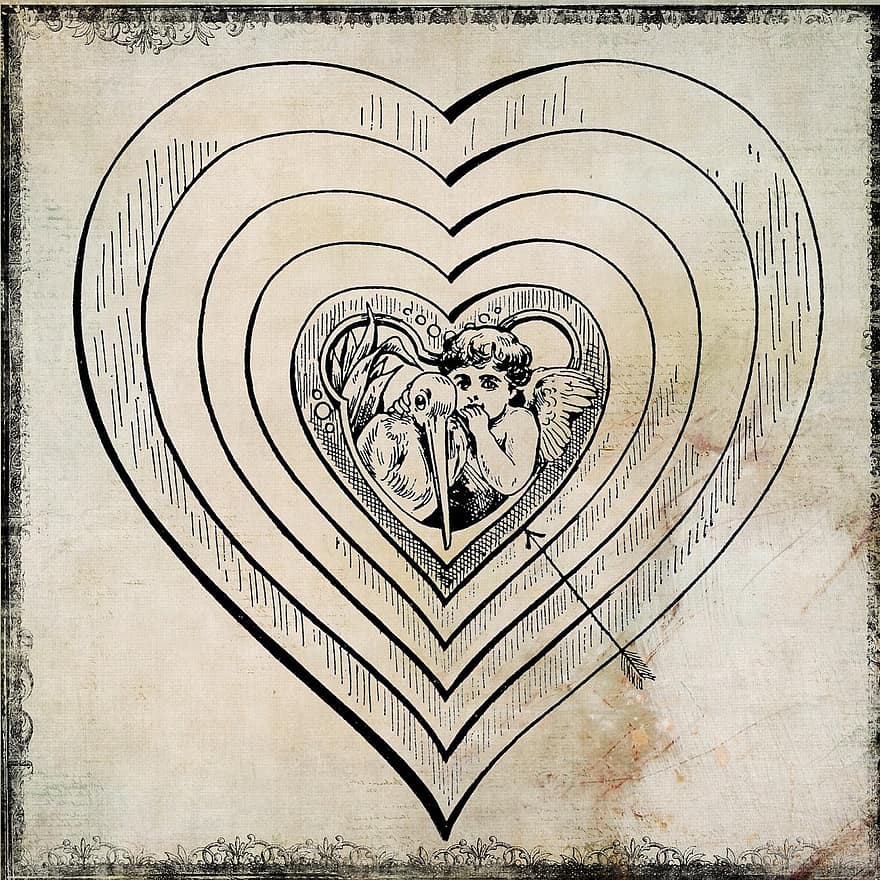Herz, Zeichnung, Engel, Jahrgang, Hintergrund, Beige, Amor, zeichnen, Liebe, kreativ, Romantik