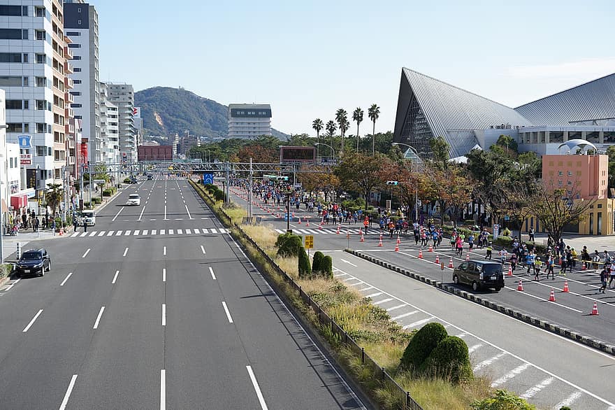 kobe, japan, maraton-, bil, trafik, fart, transport, stadsliv, stadsbild, känt ställe, arkitektur
