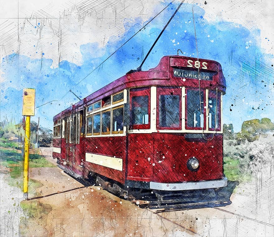Tram, Transport, Vintage Poster, Painting, Watercolor Painting, transportation, mode of transport, cable car, car, travel, old