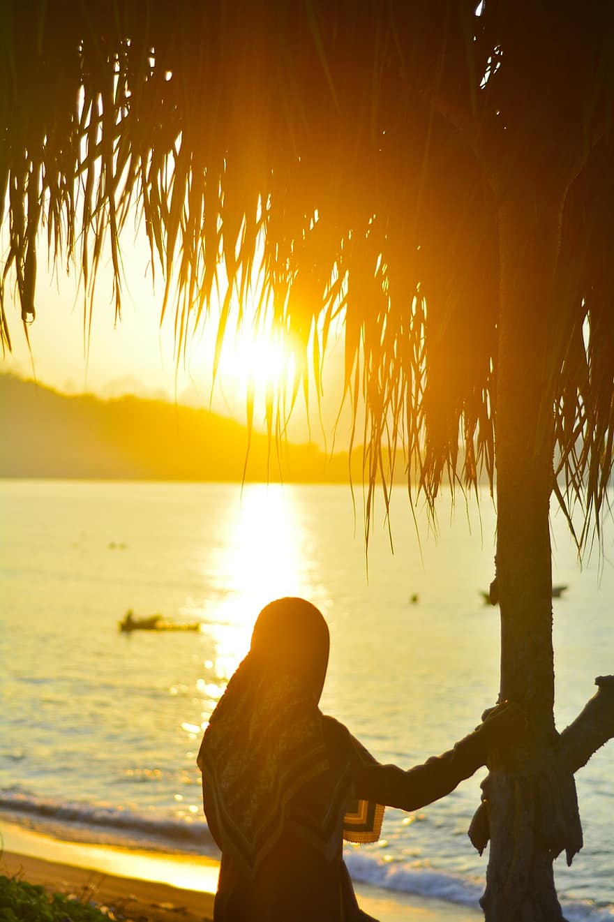 strand, solnedgang, ferie, udendørs, hav, ocean, tropisk, fritid, Sulawesi