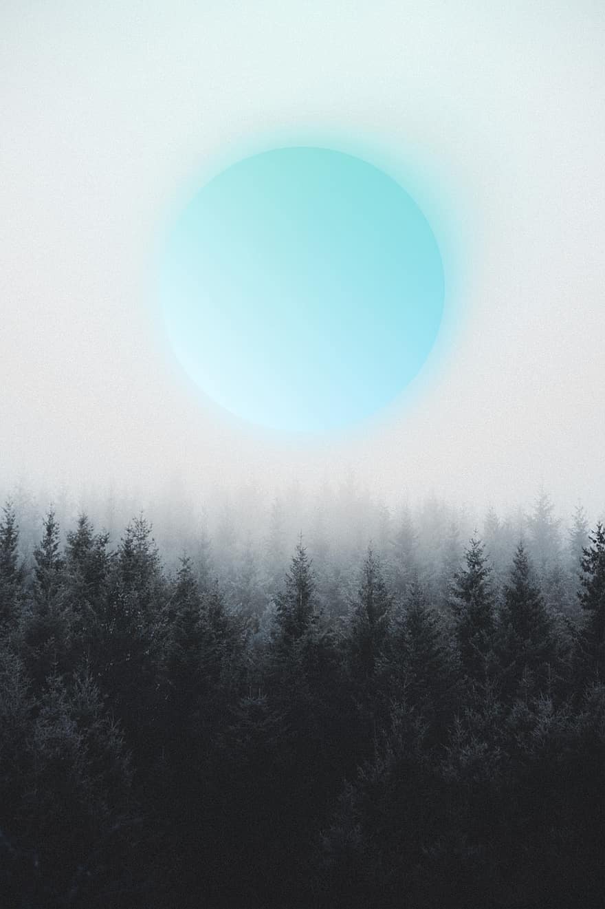 Planet, Trees, Forest, Moon, Nature, Gradient, Abstract, Universe, Galaxy, Art