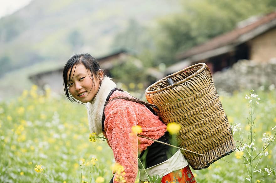 portretas, mergina, azijos, azijos mergina, ūkininkavimas, krepšelis, Ūkininko krepšelis, austi krepšelis, maža mergaitė, Vietnamas, derlius
