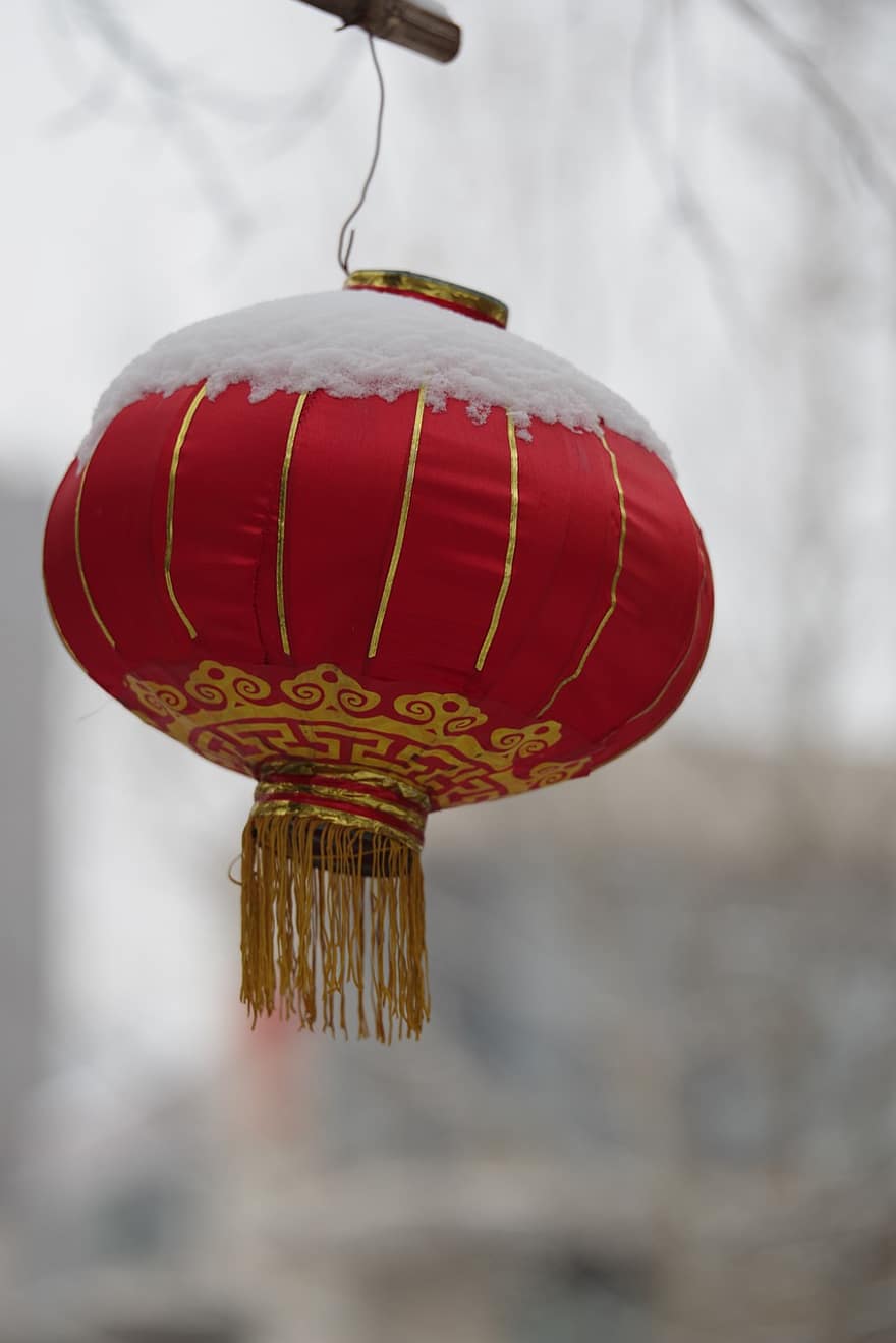 kínai lámpa, hó, téli, fagy, lámpa, függő, kultúrák, dekoráció, ünneplés, kínai kultúra, hagyományos fesztivál
