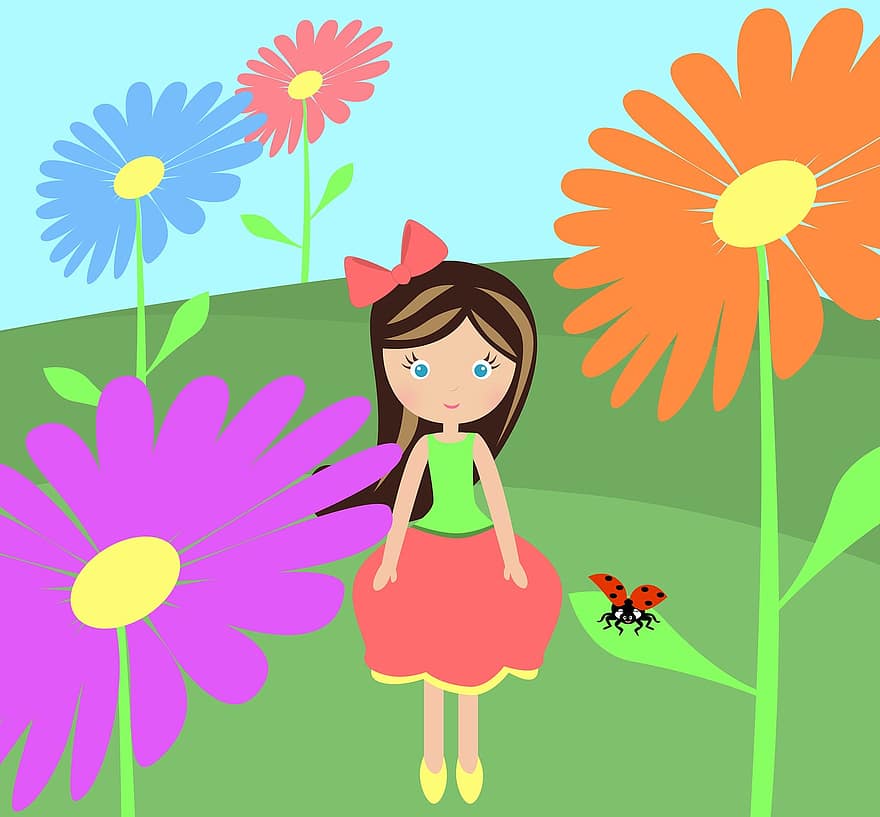 Landschaft, Puppe, Blume, Gras, Marienkäfer, Kinder-, Karikatur, Kleine, süß, Mädchen, wunderschönen
