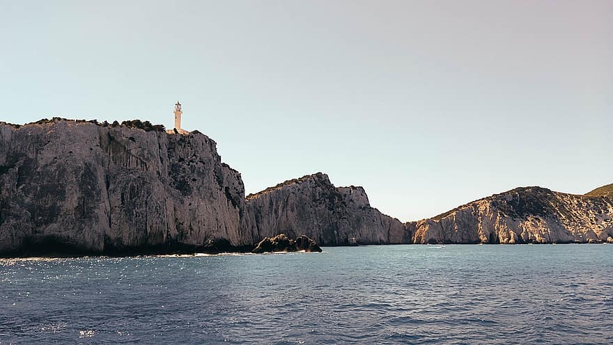灯台、海、岩、崖、ギリシャ、地中海、ギリシャ語、自然、旅行、ヨーロッパ、観光