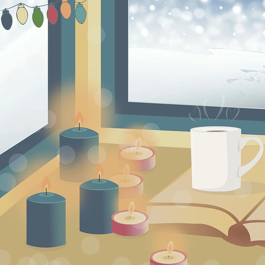 inverno, velas, acolhedor, café, casa, vela, vetor, ilustração, origens, decoração, desenhar