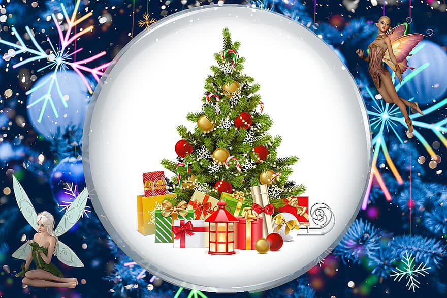 Boże Narodzenie, drzewo, przedstawia, wróżki, śnieg, cacko, zimowy, szczęśliwy, uroczystość, prezent, dekoracja