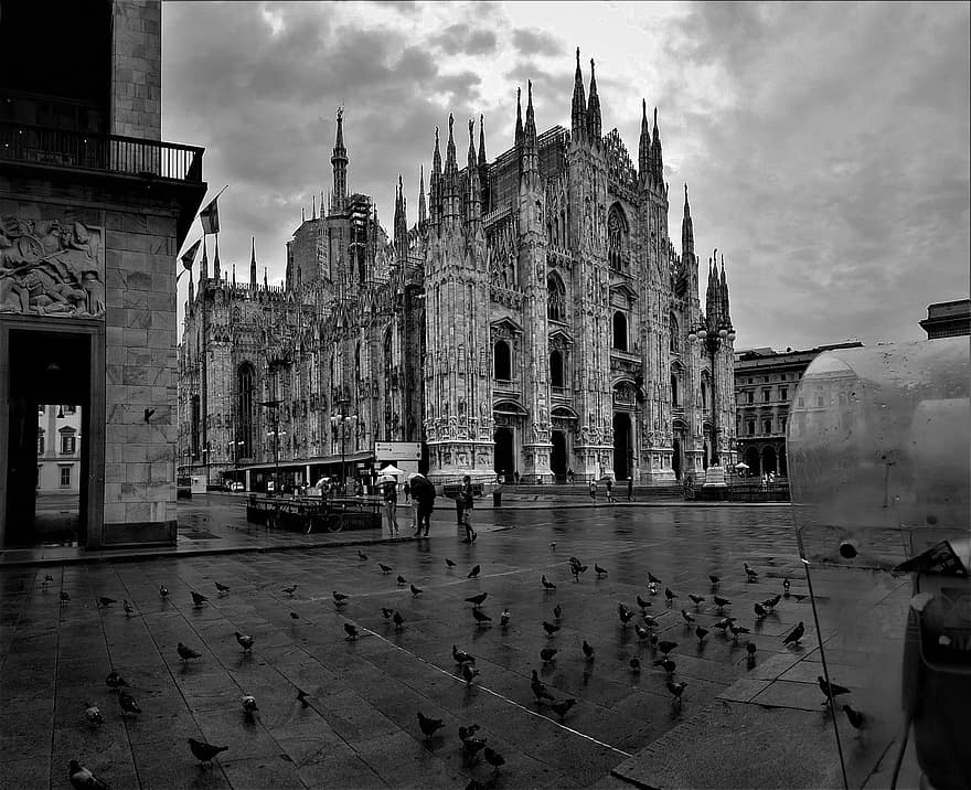 밀라노, 밀라노 대성당, 건축물, 이탈리아, 검정색과 흰색, 관광 명소