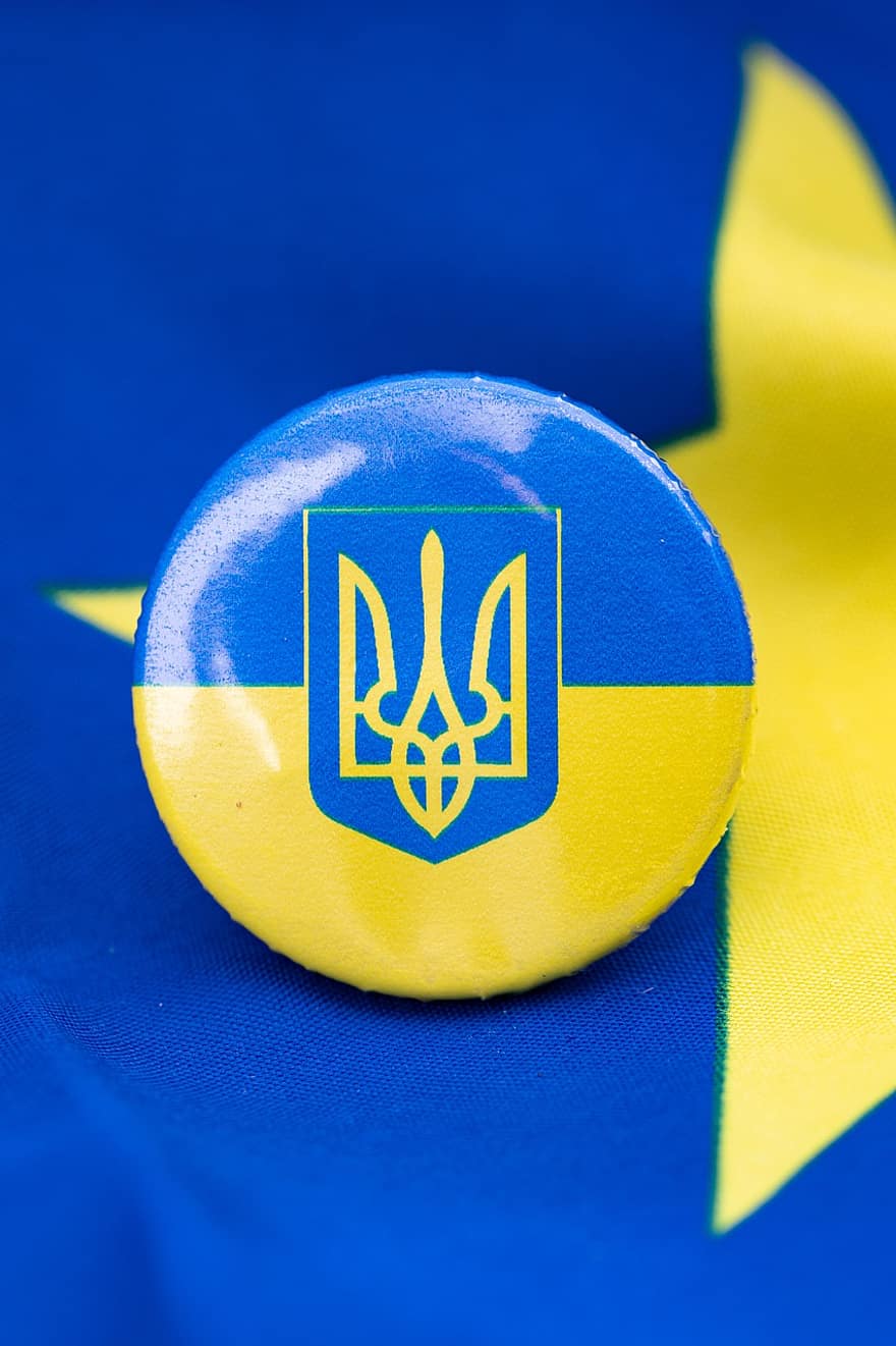 Ukraina, przycisk, herb, godło, chorąży, logo, niebieski, symbol, zbliżenie, tła, patriotyzm