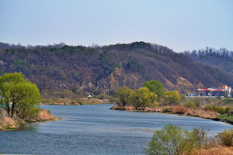 берег реки, парк, озеро, Республика Корея, пейзаж, воды, дерево, лес, гора, синий, сельская сцена