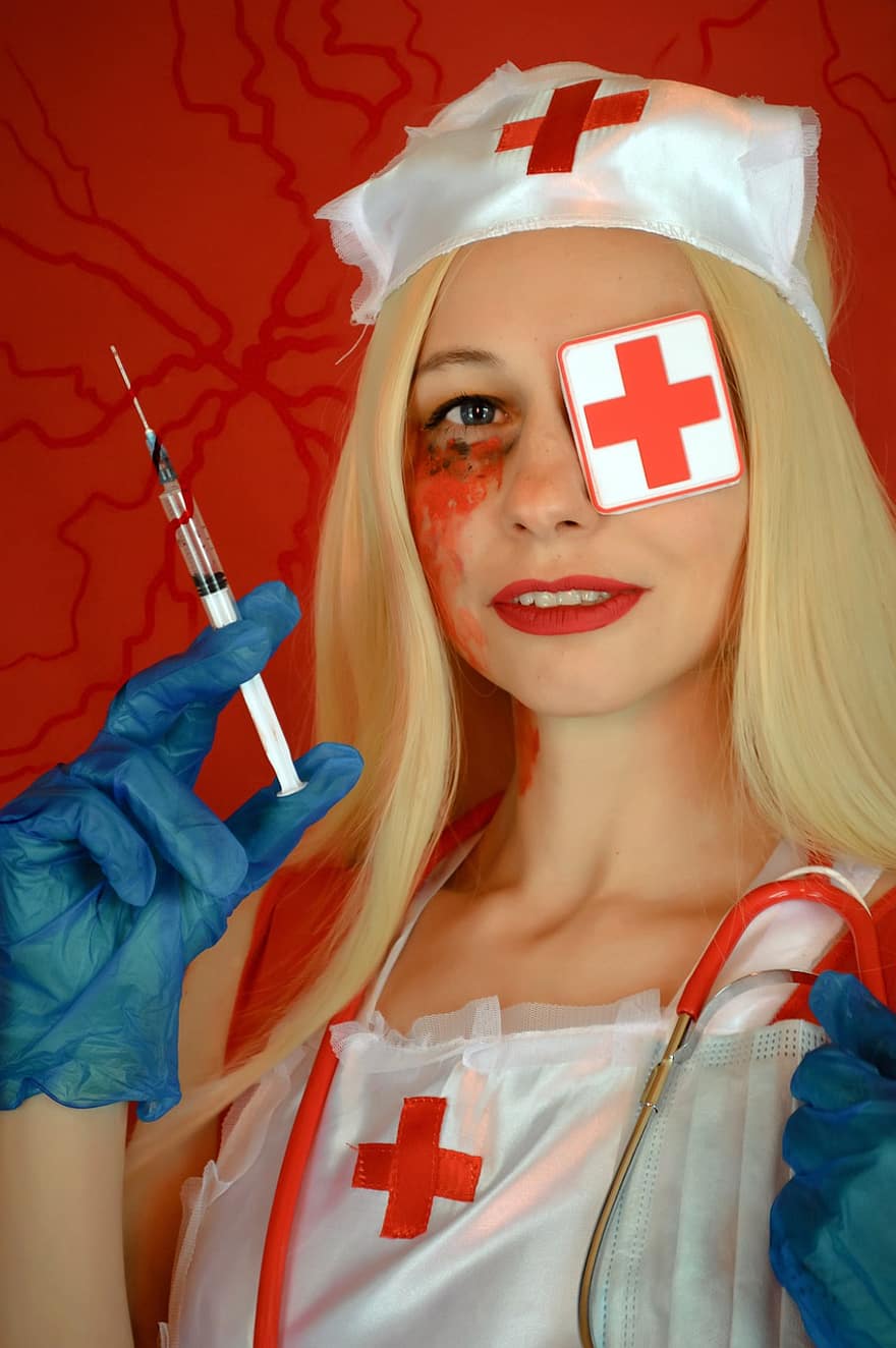 Halloween, cosplay, infirmière, seringue, costume d'infirmière, Image d'infirmière, mal, Docteur Mort, horreur, effrayant, Injection létale