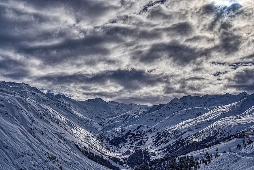 Mountains, Snow, Valley, Clouds, Sky, Dramatic, Winter, Snowy, Mountain Range, Landscape, Scenery