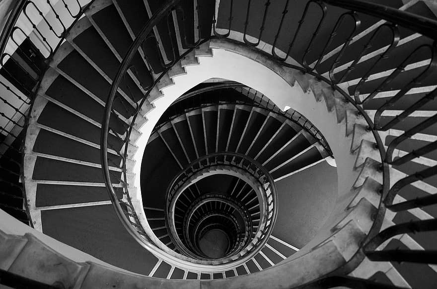 lépcsők, monokróm, épület, lépések, építészet, lépcső, spirál, csigalépcső, fedett, ív, korlát