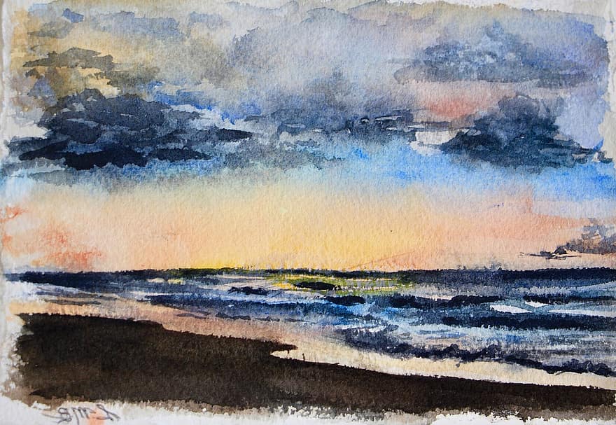 aguarela, pintura, arte, artístico, cor, oceano, mar, por do sol, nuvens, ondas, agua