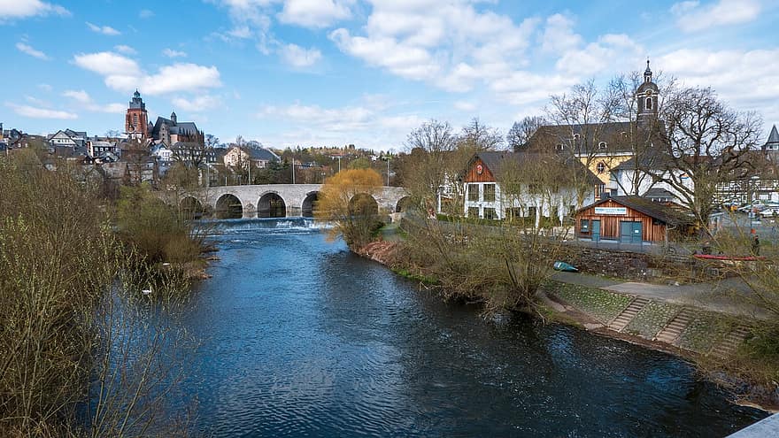 kanal, utendørs, by, landsby, Wetzlar, Lahn, gammel lahnbro, dom