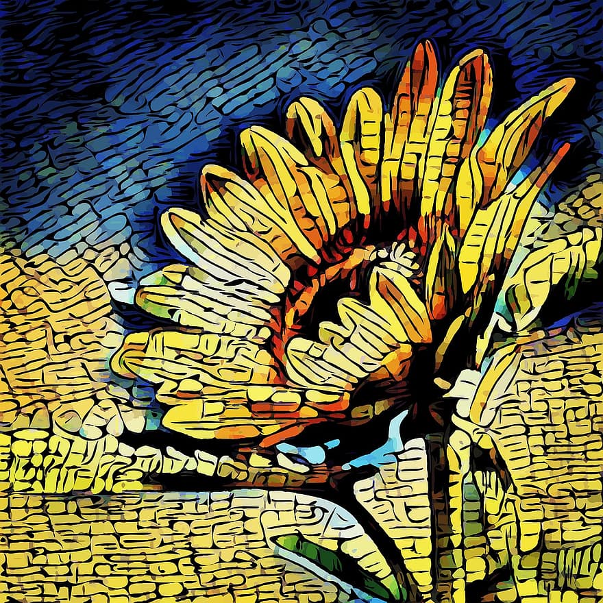 Sunflower, Garden, Golden, Blue, Yellow, Mosaic, Abstract, Gardner, Landscape, Scene, Flower