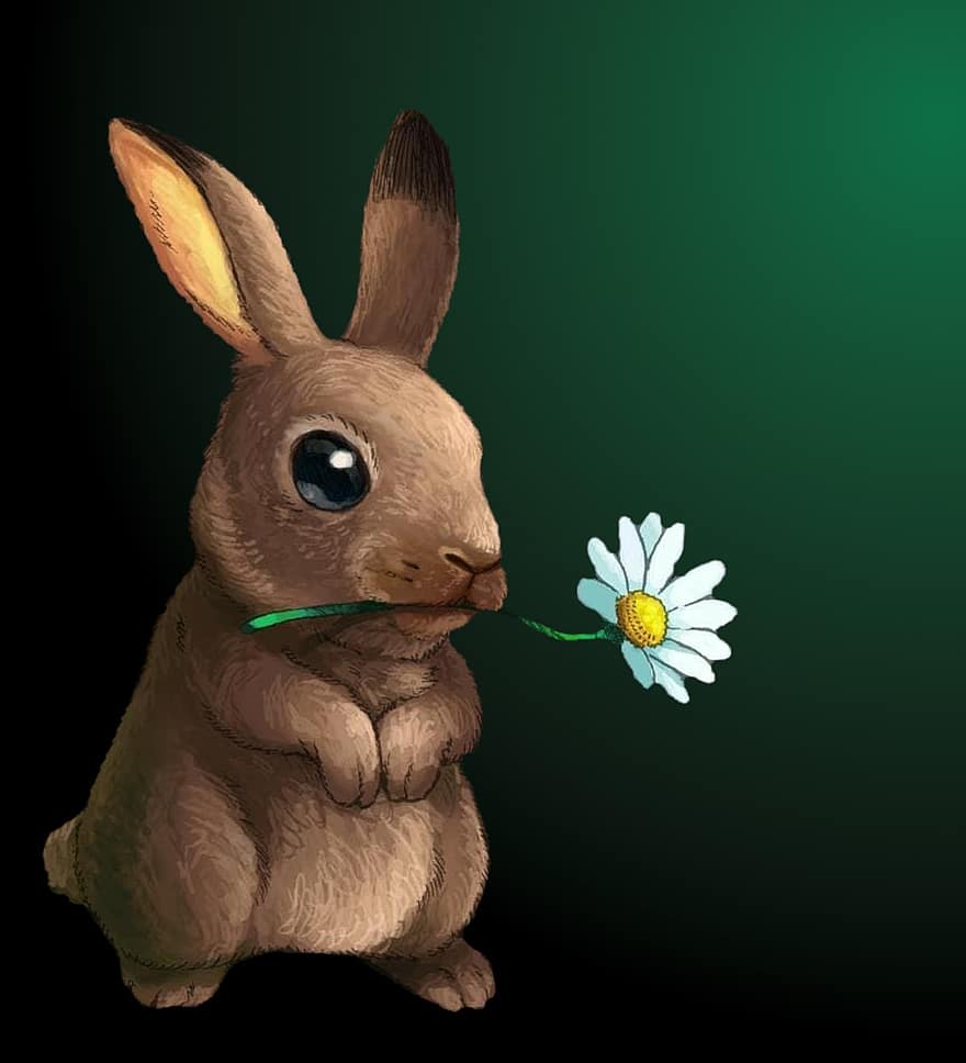 데이지, 토끼, 귀엽다, 삽화, 아기 토끼, 봄, 잔디, 만화, 벡터, 축하, 배경