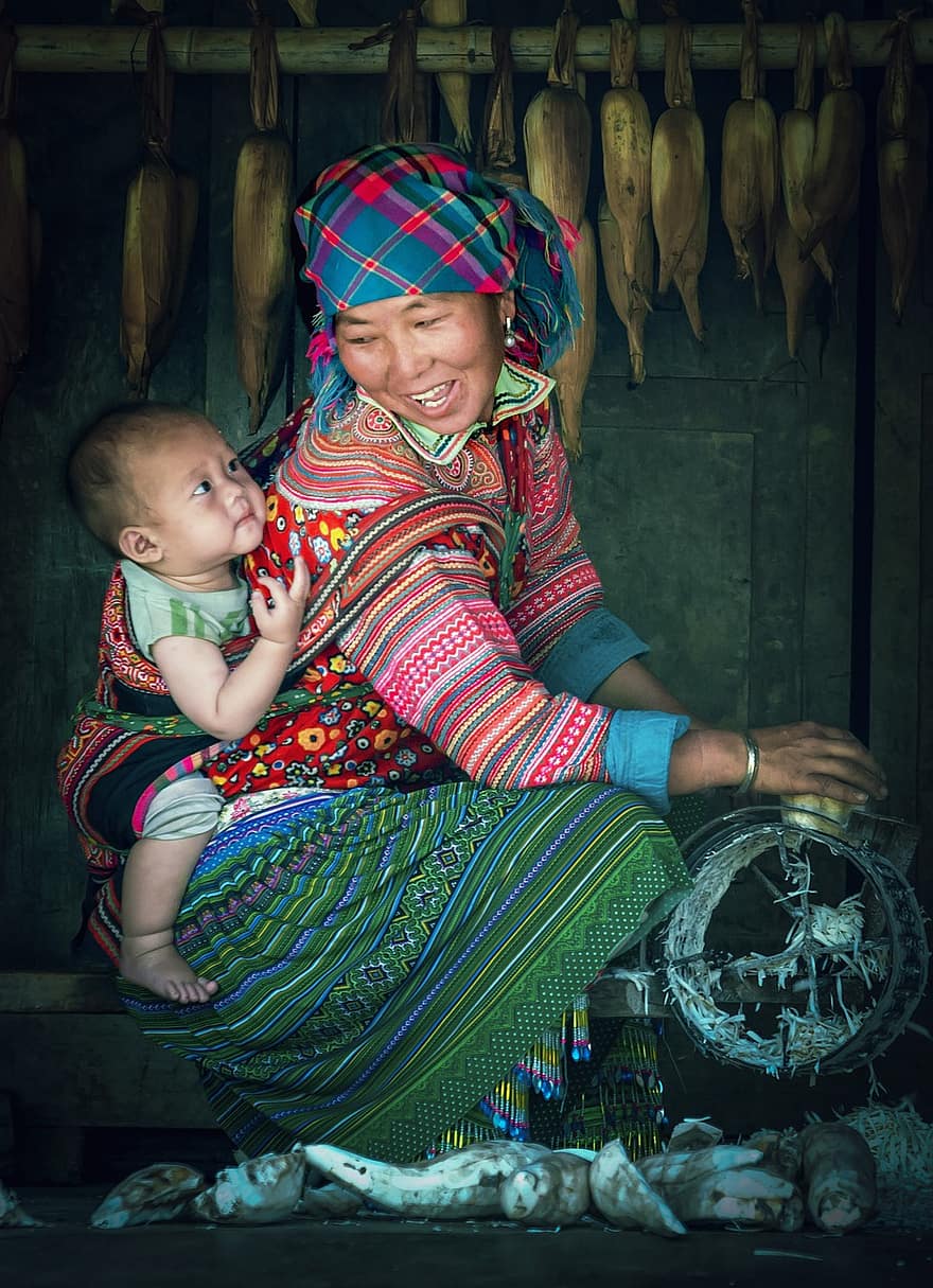 ベトナム人、子供を運ぶ、母と子、もん、母、アジア、ベトナム