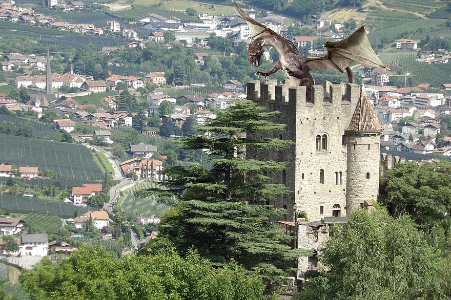 kasteel, draak, fantasie, Fontana-kasteel, historisch, mijlpaal, stad, tirolo, Zuid-Tirol, Italië