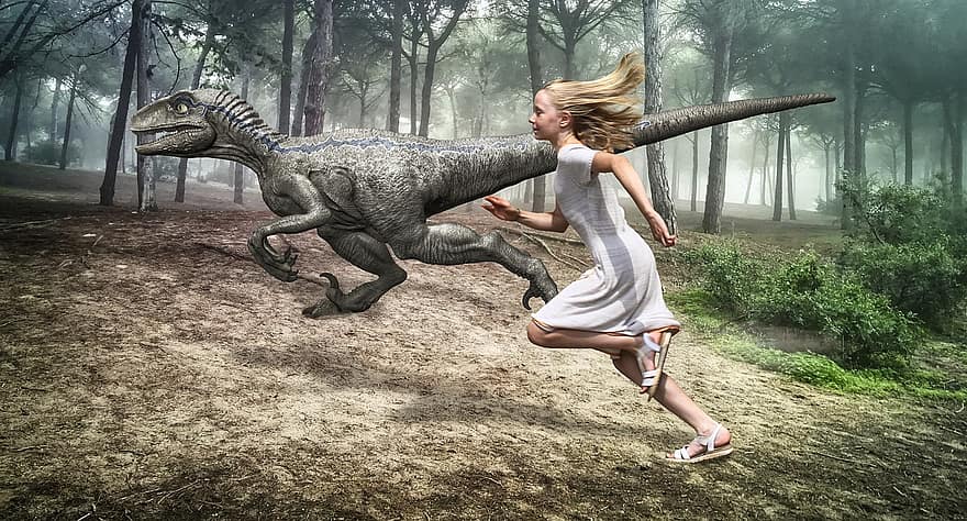dziewczynka, biegać, dinozaur, las, wyścig, zabawa