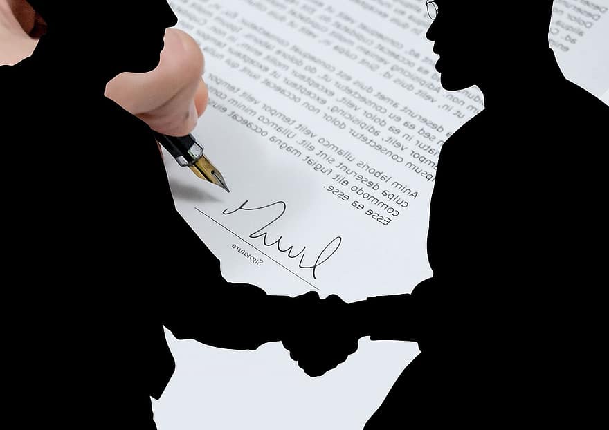 muž, silueta, potřesení rukou, smlouva, uzavření smlouvy, podpis, plnicí pero
