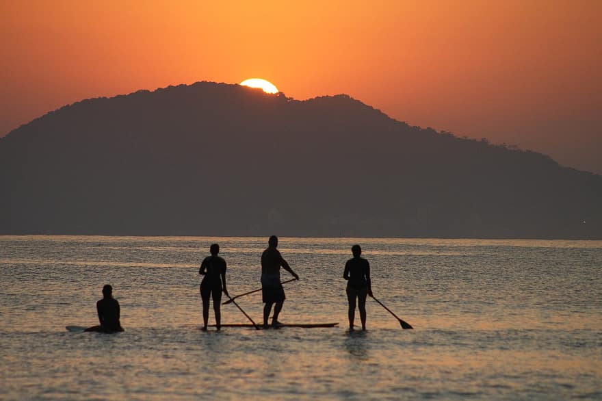 Восход, paddleboarding, море, силуэт, солнце, Солнечный лучик, день отдыха, отпуск, досуг, туристы, люди