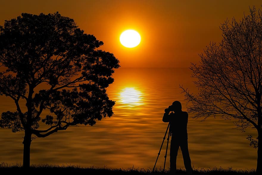 Příroda, západ slunce, krajina, fotograf, silueta, scénický, slunce, soumrak