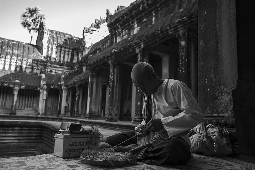 mies, munkki, angkor wat, Kambodza, siem reap, temppelit, miehet, viljelmät, uskonto, yksi henkilö, buddhalaisuus