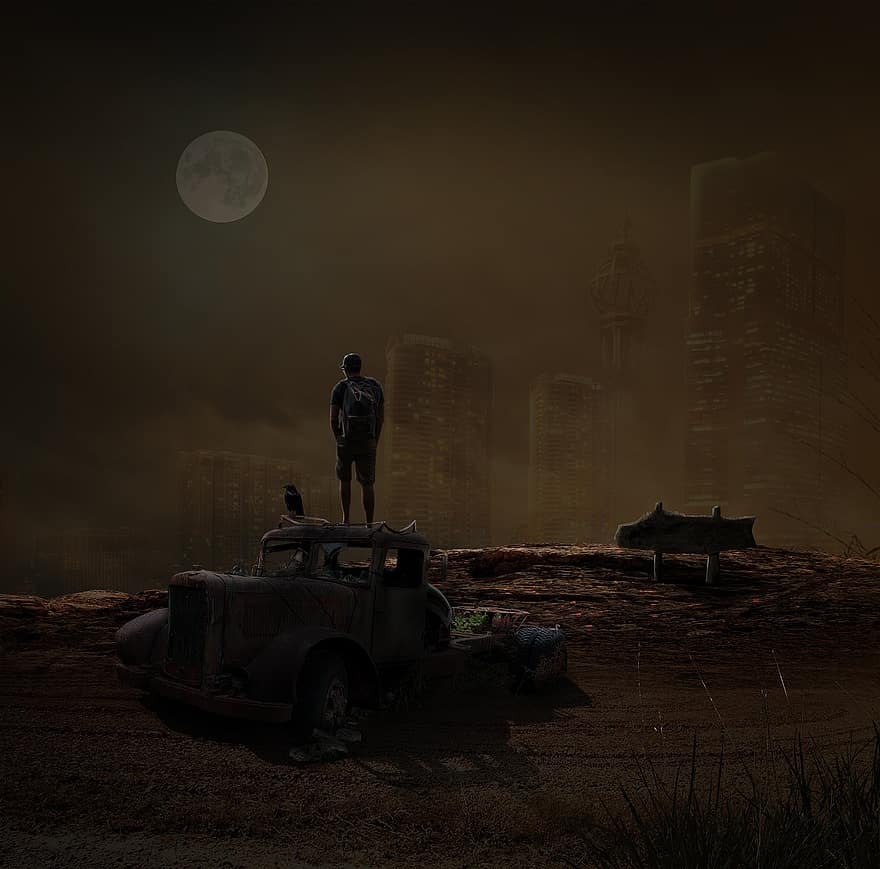 stad, nacht, maan, oude auto, man, land-, verontreiniging, alleen, mannen, donker, auto