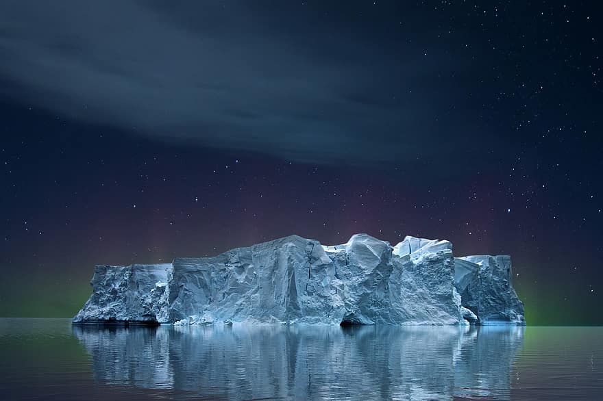 ledas, ledkalnis, jūros, naktis, mielas, žvaigždė, debesys, atspindys, arktinė, vanduo, kraštovaizdį