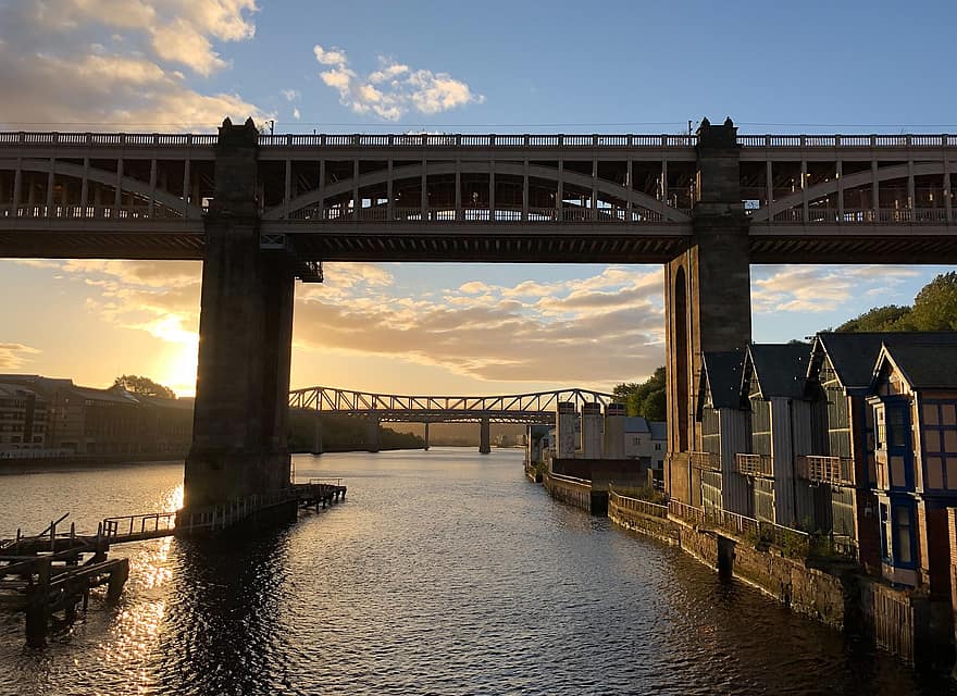tyne, hoog niveau, brug, Newcastle, rivier-, mijlpaal, Engeland