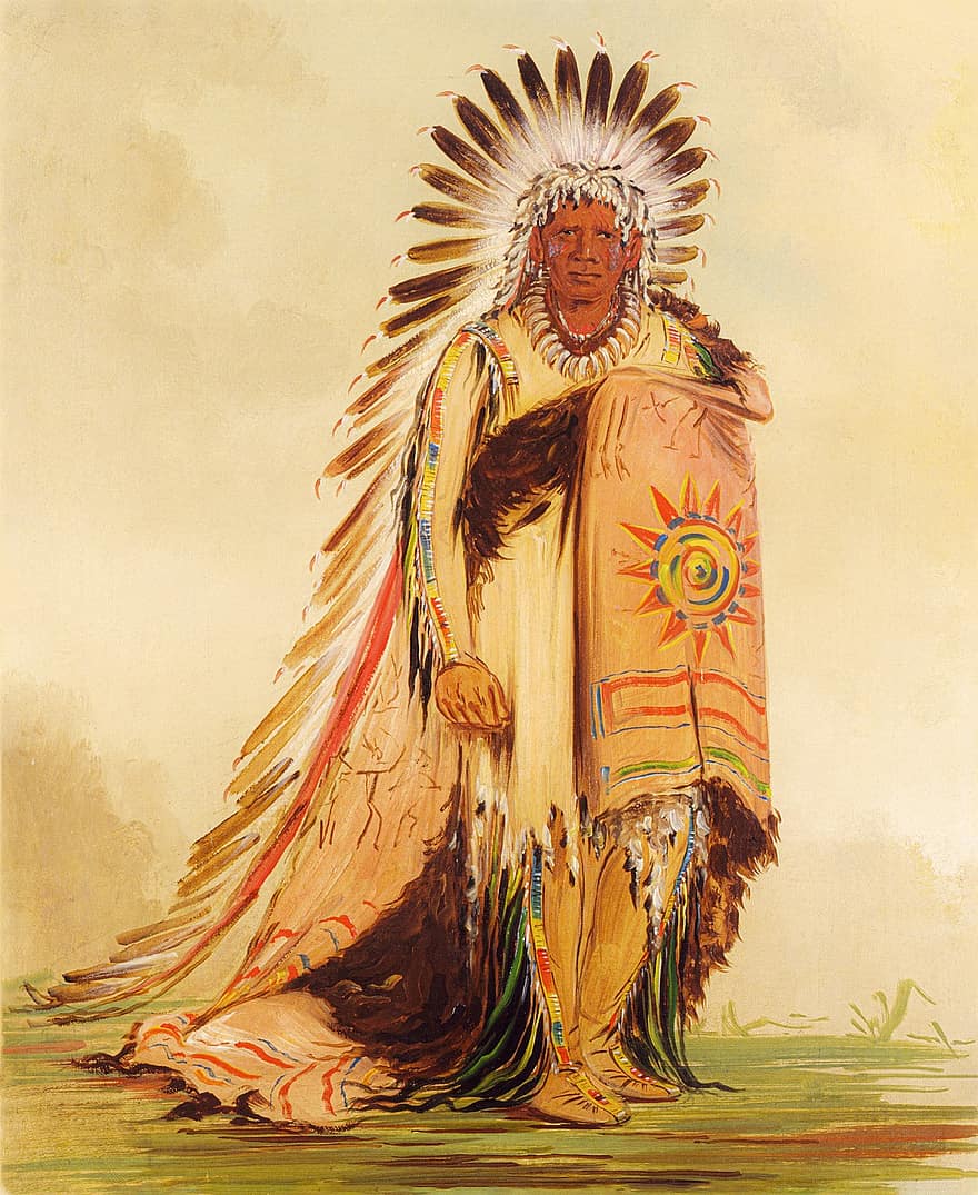 pictură, 1832, george catlin, şef, trib, indian, frizură, cultură, pene, Yanktonai Nakota, șamanism