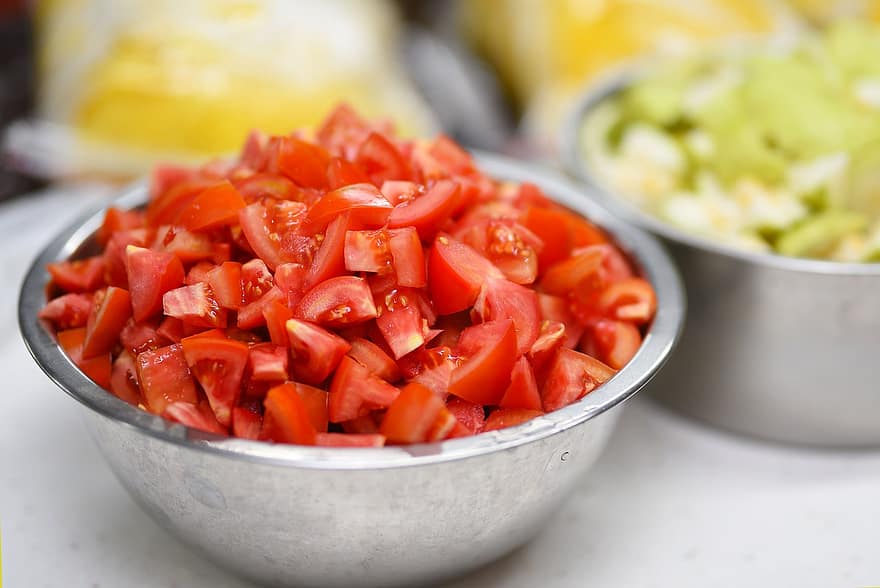 pomidory, pokrojone pomidory, Składniki, warzywo, świeżość, jedzenie, pomidor, zbliżenie, zdrowe odżywianie, jedzenie wegetariańskie, Sałatka
